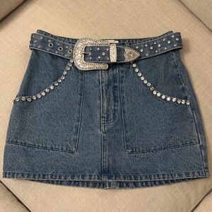 Show Me Your MuMu Dark Blue Denim Mini Skirt with Silver Rhinestone Belt